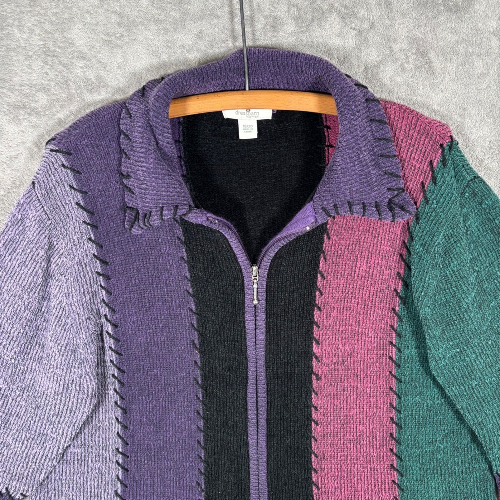 Dressbarn Woman Full Zip Cardigan Sweater 18/20 Colorblock Whipstitch Purple